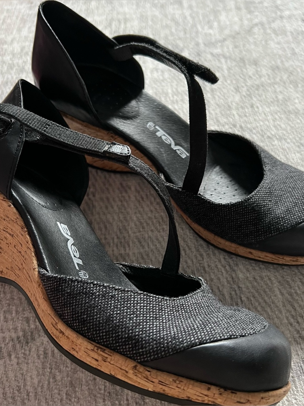 Teva Black Fabric and Cork Wedge Mary Jane Sandals Size 9.5